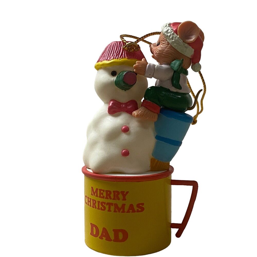 Vintage Trevco Snowman Ornament Climbing Mouse Miniature Merry Christmas Dad Cup